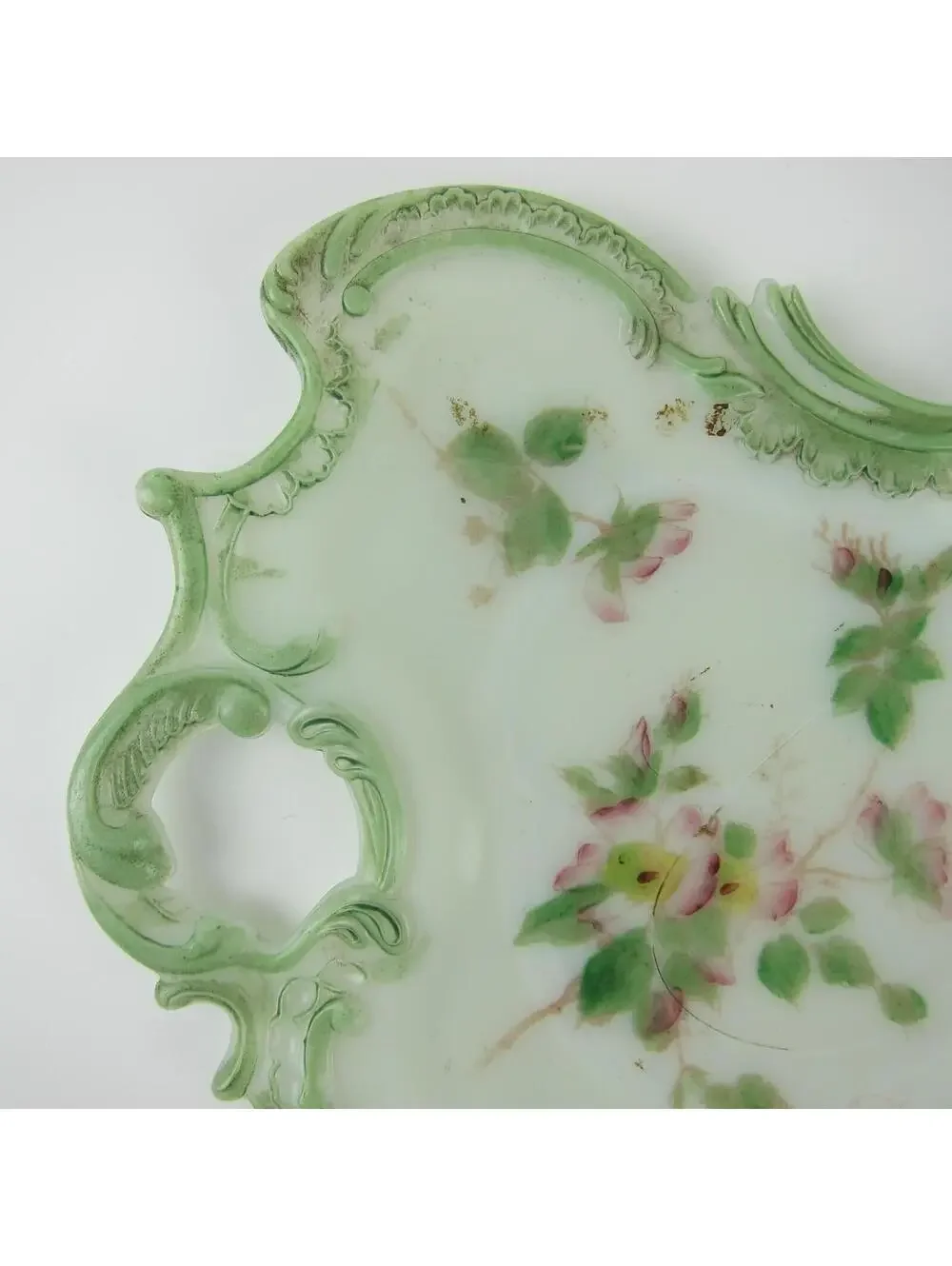 Vintage Milk Glass Vanity Tray / Candy Dish Green & Pink Flowers Open Handle